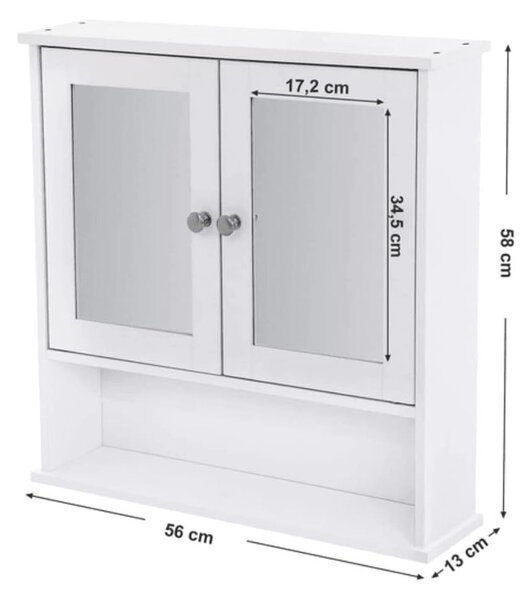 Шкаф за баня с огледало 2 врати бял, 56х13х58 см