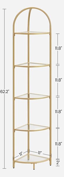 Ъглов рафт Vasagle с 5 полици, метална златиста рамка, стъкло 28 x 28 х 158 см