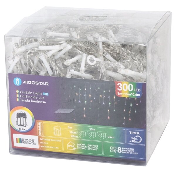 Aigostar - LED външен коледен гирлянд 300xLED/8 режима, 3xAA, 18 x 0,6 m, IP44, многоцветен
