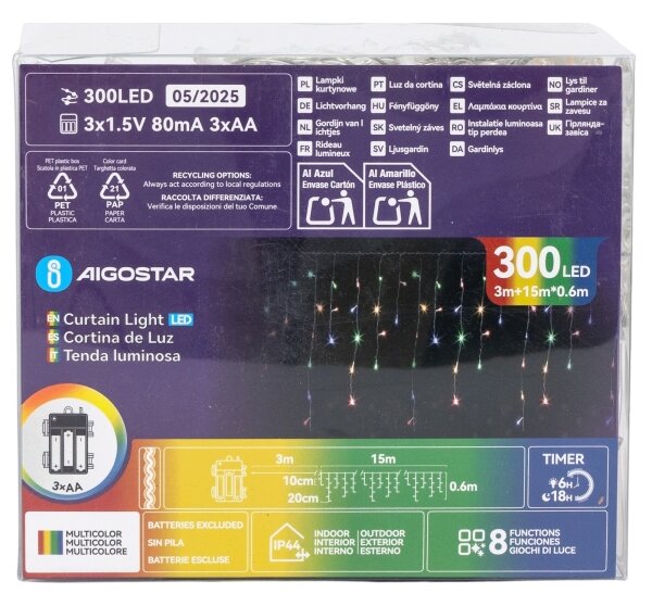 Aigostar - LED външен коледен гирлянд 300xLED/8 режима, 3xAA, 18 x 0,6 m, IP44, многоцветен