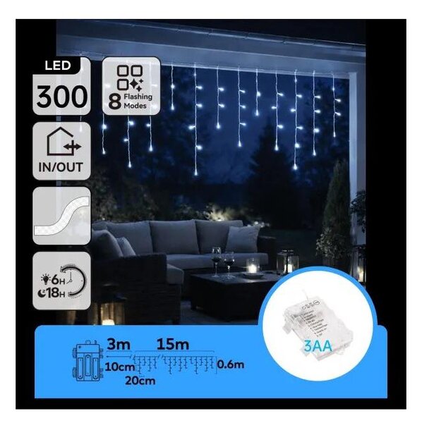 Aigostar - LED външна коледна гирлянда 300 LED / 8 функции 3 x AA 18 x 0,6 m IP44 студено бяла