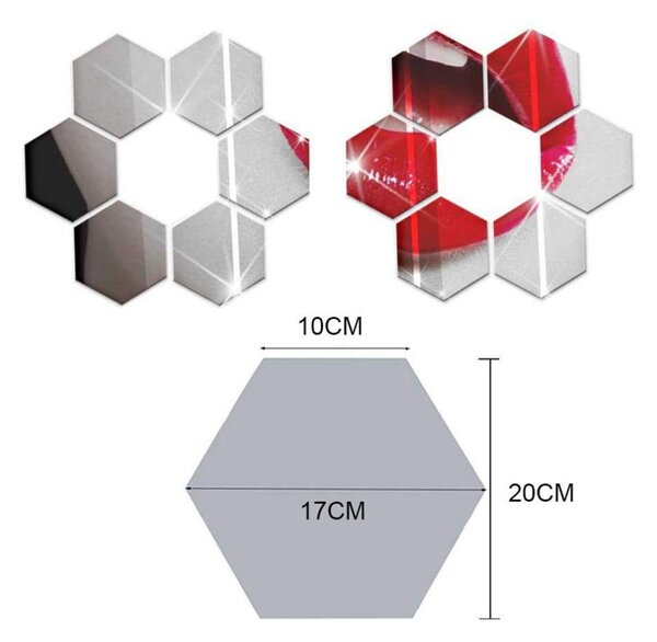Комплект от 12 самозалепващи се огледални стикера Шестоъгълно огледало, 20 x 17 cm - Ambiance