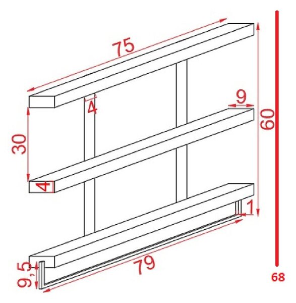 Стенен рафт Suny от масивно дърво от бор, цвят орех - черен 75x9x68см