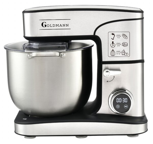 Планетарен миксер Goldmann GM-1115DP, 3500W, 16 л, 6 скорости + импулси, Таймер, Иноксова купа, LED, Инокс