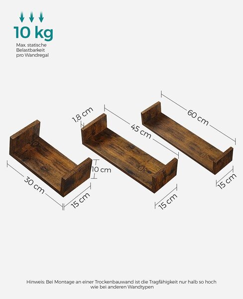 Комплект 3 стенни етажерки, Songmics, Антик, 30x15x10 см