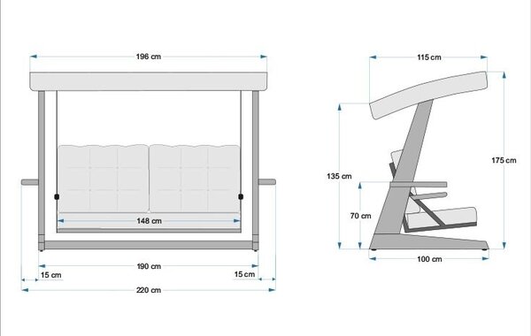 Градински люлеещ се стол с 3 места Viva 2200 Антрацит 220x100x175 см
