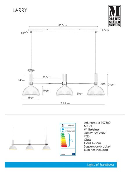 Бяло висящо осветително тяло Larry - Markslöjd