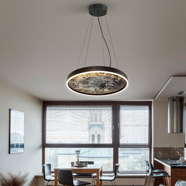 Schuller Valencia LED висящо осветително тяло Stone, Ø 60 cm, CCT, черно, метал, акрил, Черен, Дневна/трапезария, Метал, Модерен