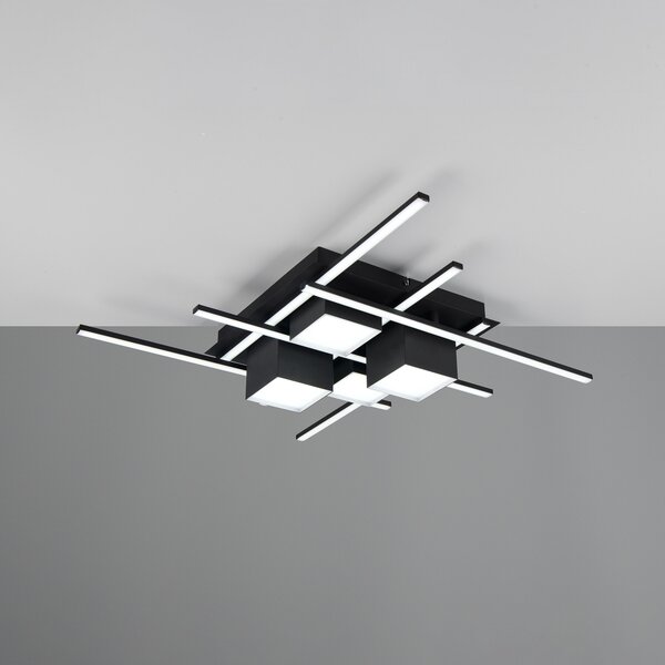 Trio Lighting LED таванска лампа Roger, черна матова, метал, CCT, дистанционно управление., Затъмняване, Черен, Дневна/трапезария, Метал, Модерен