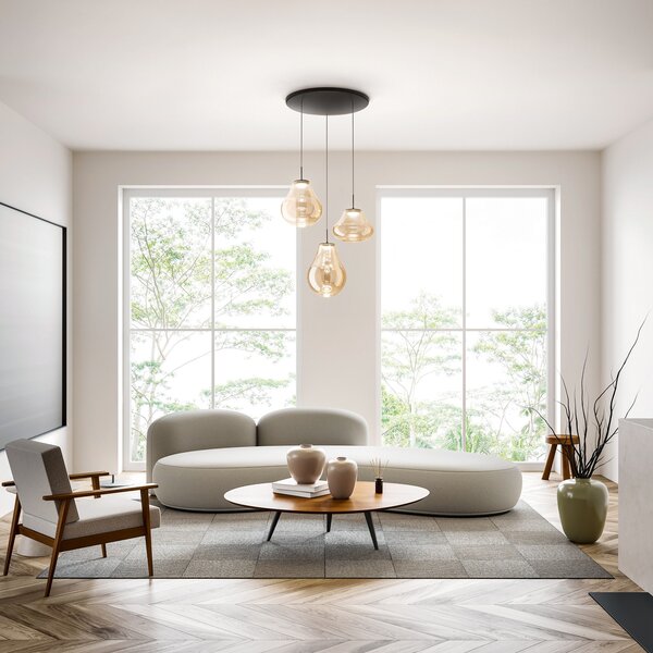 Fabas Luce LED висяща лампа Deva, 3-крилна, Ø 50 cm, кехлибар, CCT, с димер, Затъмняване, Бежов, Дневна/трапезария, Стъкло, Модерен
