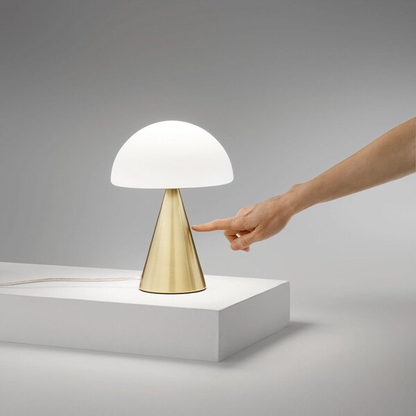 Fabas Luce LED настолна лампа Blip, месинг/бял, стъкло, CCT, сензорен димер, Затъмняване, Злато / месинг, Дневна/трапезария, Стъкло, Модерен