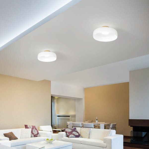 Fabas Luce LED таванна лампа Lunar, бяла, стъкло, Ø 42 cm, CCT, с димер, Затъмняване, Бял, Дневна/трапезария, Стъкло, Модерен