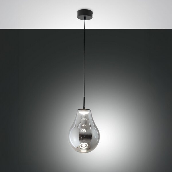 Fabas Luce LED висяща лампа Noa, сива, стъкло, Ø 25 cm, CCT, с димер, Затъмняване, Сив, Дневна/трапезария, Стъкло, Модерен