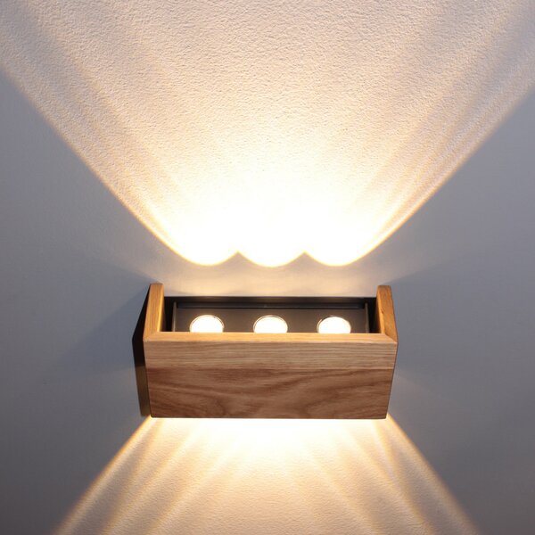 FISCHER & HONSEL LED стенна лампа Shine-Wood, ширина 21 cm, дъб/черно, дърво, Дърво, Дневна/трапезария, Дървесина