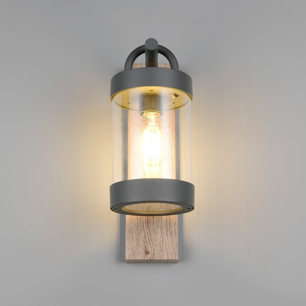 Trio Lighting Външна стена лампа Sambesi, дървесен вид, сензор за затъмняване, алуминий, Дърво, Алуминий, Модерен, Фенер