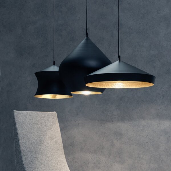 Tom Dixon LED висяща лампа Beat Wide, черна, 36 cm, месинг, Затъмняване, Черен, Дневна/трапезария, Месинг, Дизайн