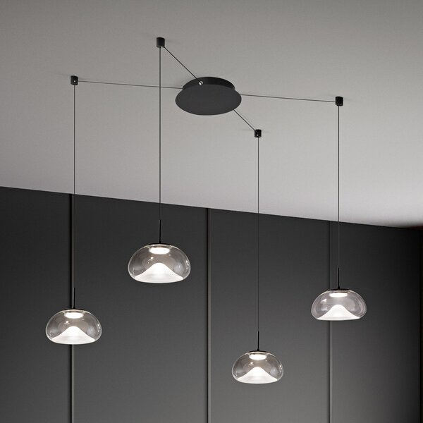 Fabas Luce LED висяща лампа Brena, 4-крил, прозрачна, стъкло, CCT, димируема, Затъмняване, Прозрачен, Дневна/трапезария, Стъкло, Модерен
