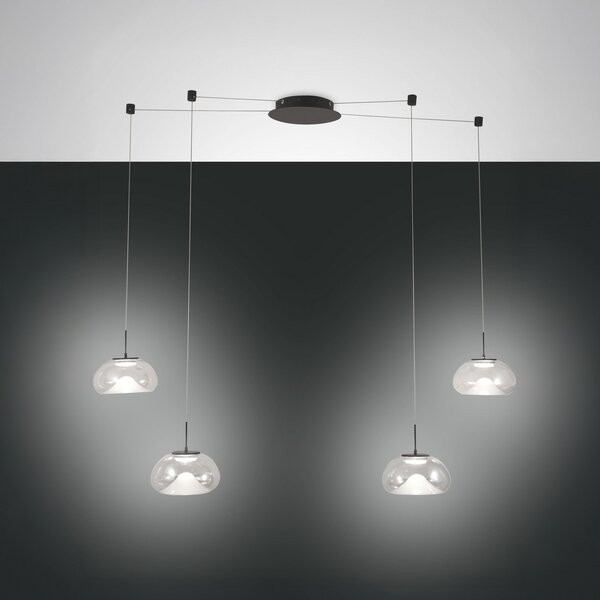 Fabas Luce LED висяща лампа Brena, 4-крил, прозрачна, стъкло, CCT, димируема, Затъмняване, Прозрачен, Дневна/трапезария, Стъкло, Модерен