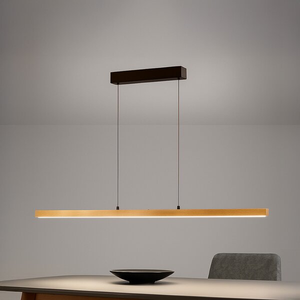 FISCHER & HONSEL LED висяща лампа Shine-Wood, дължина 141 cm, дъб/черно CCT, Затъмняване, Дърво, Дневна/трапезария, Дървесина