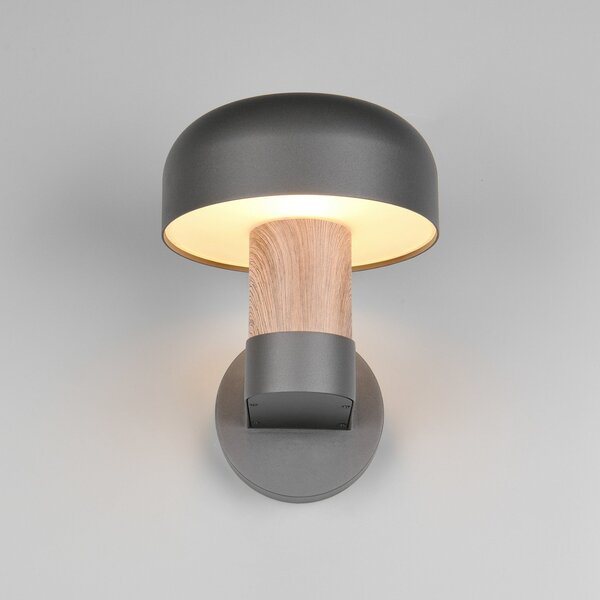 Trio Lighting Външна лампа за стена Fraser, сива/дерево, алуминий, IP54, E27, Затъмняване, Дърво, Алуминий