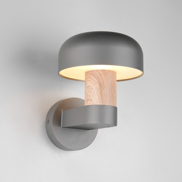 Trio Lighting Външна лампа за стена Fraser, сива/дерево, алуминий, IP54, E27, Затъмняване, Дърво, Алуминий