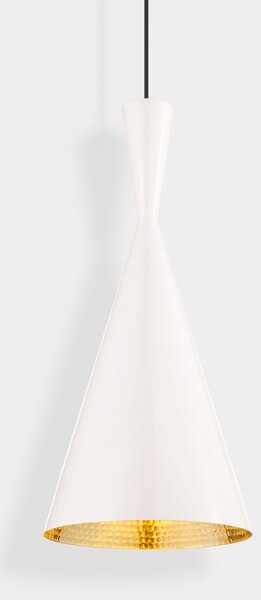 Tom Dixon LED висяща лампа Beat Tall, бяла, Ø 19 cm, месинг, Затъмняване, Бял, Дневна/трапезария, Месинг, Дизайн