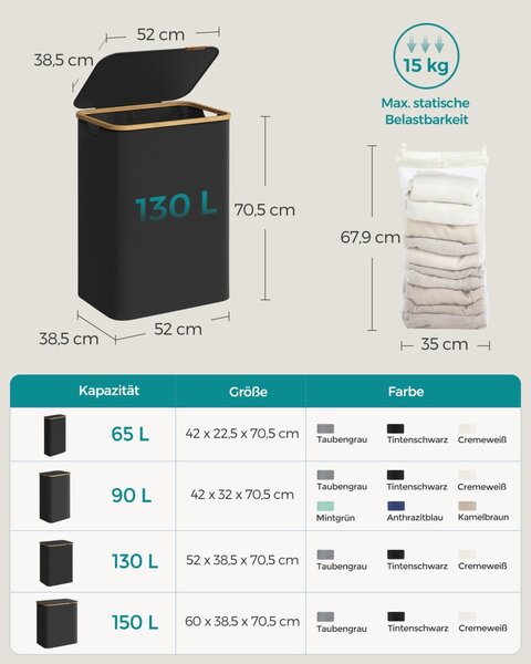 Кош за пране Songmics Черен 52x38.5x70.5 см