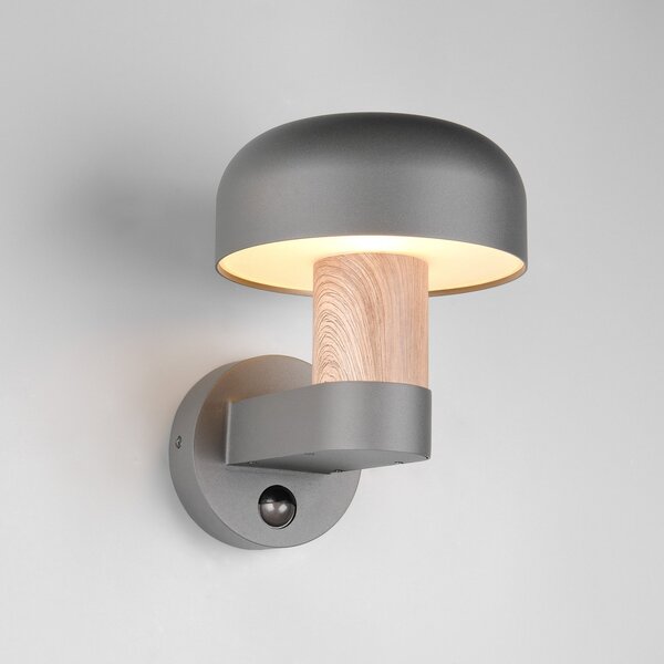 Trio Lighting Външна лампа за стена Fraser Sensor, сив/дерево, алуминий IP54 E27, Дърво, Алуминий