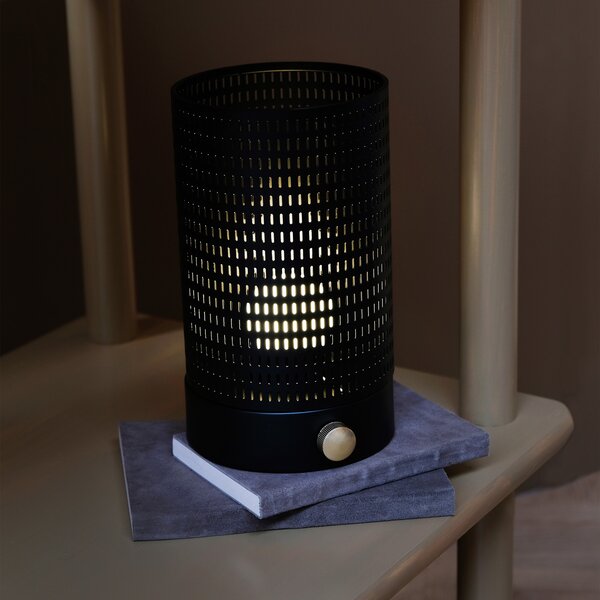 Dyberg Larsen LED акумулаторна настолна лампа Mesh, черна, височина 20 cm, Затъмняване, Черен, Дневна/трапезария, Метал, Дизайн