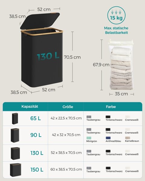 Кош за пране Songmics Black 52x38.5x38.5x70.5 cm