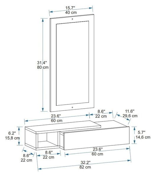 Висяща конзола с огледало Vien White 82x15.8x29.6 cm