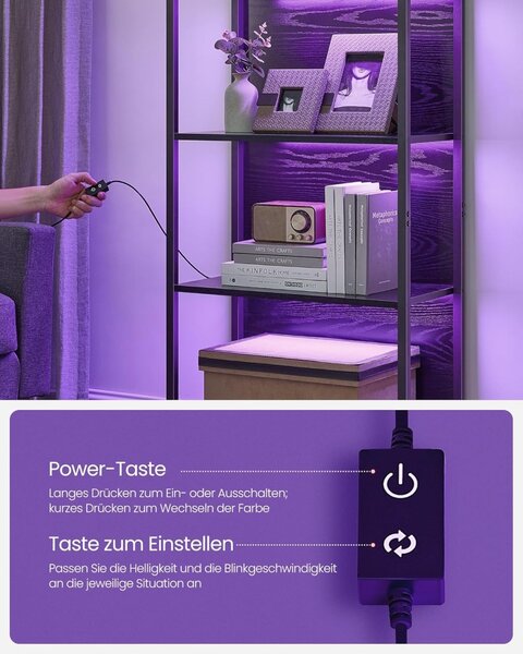 Шкаф за книги с LED осветление Vasagle Black 60x30.3x178 cm