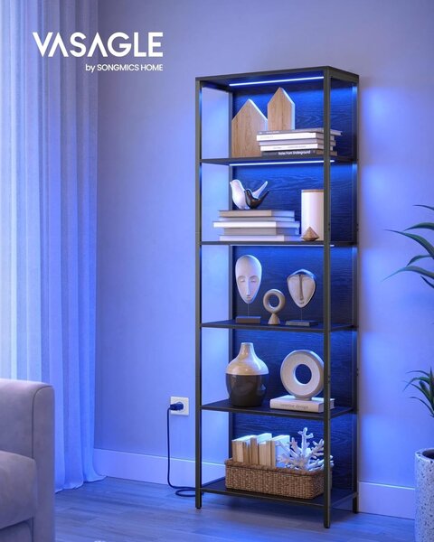 Шкаф за книги с LED осветление Vasagle Black 60x30.3x178 cm
