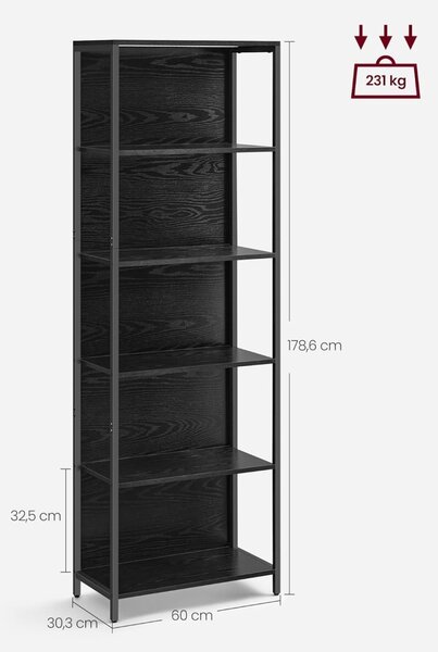Шкаф за книги с LED осветление Vasagle Black 60x30.3x178 cm