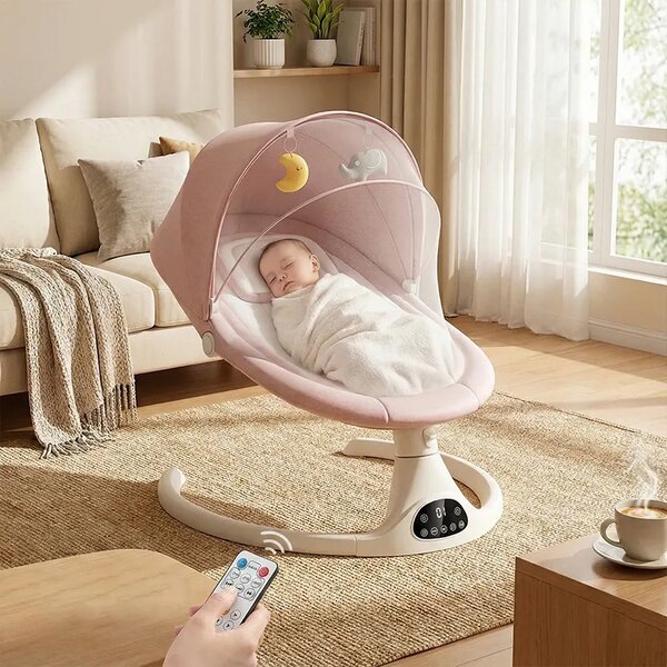 Електрическо люлеещо столче за бебета с дистанционно управление Rockybaby™, Розов