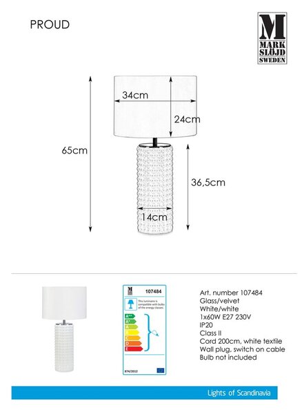 Бяла настолна лампа Proud, ø 34 cm - Markslöjd