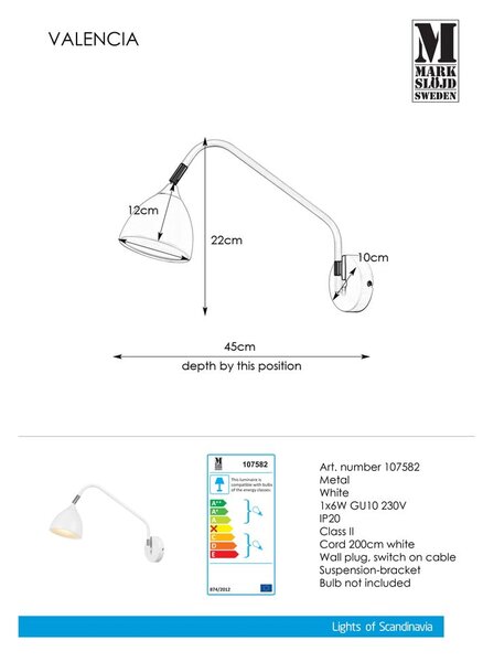 Бяла стенна лампа Valencia - Markslöjd