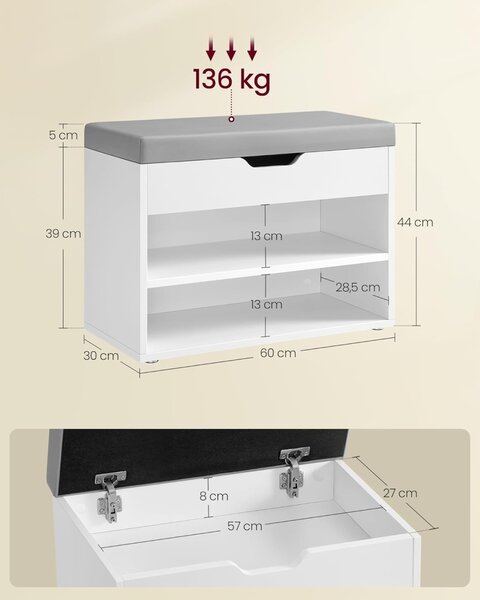 Пейка с място за съхранение и чехли Vasagle Nuc 60x30x44 cm