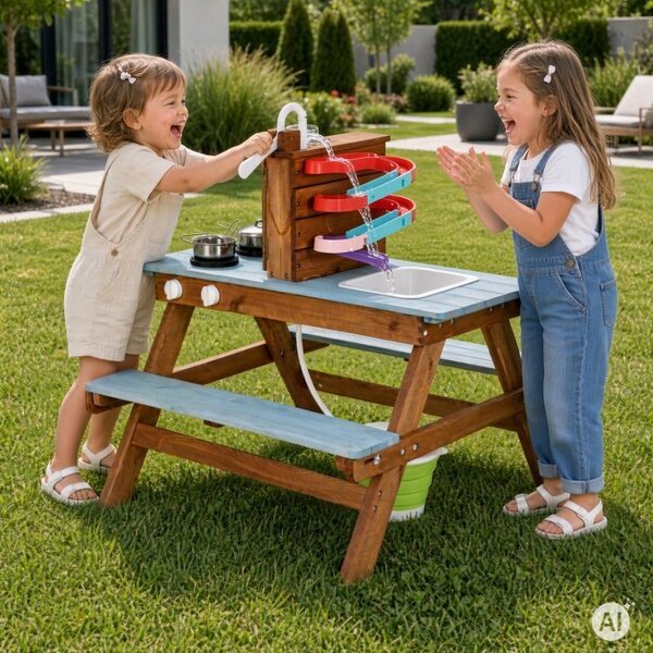 Дървена детска градинска кухня с кранче и 16 аксесоара