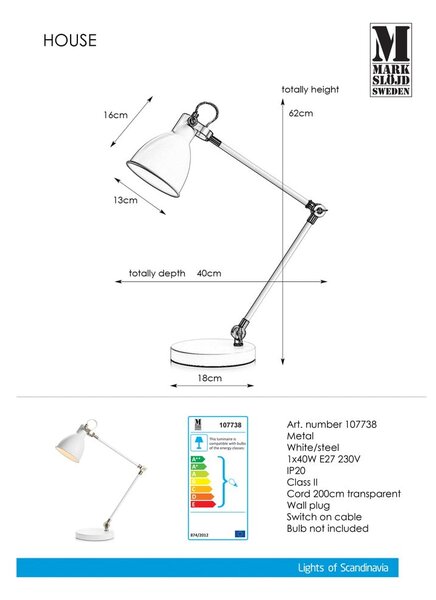 Бяла настолна лампа Таблица Бяла House - Markslöjd