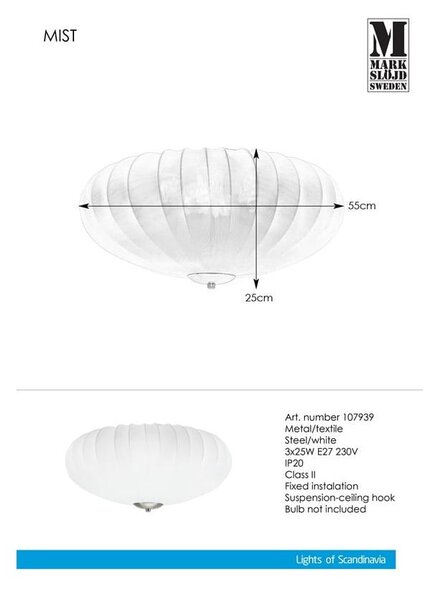 Бяло таванно осветително тяло Plafond 3L Mist - Markslöjd