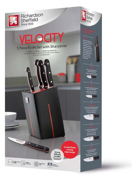 Richardson Sheffield Комплект ножове VELOCITY 5 бр. в блок от каучуково дърво с вградено точило
