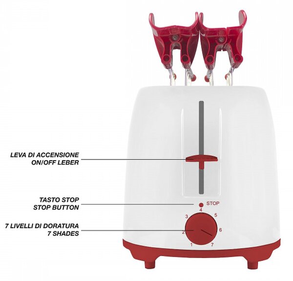 Тостер Beper P101TOS100, 2 филийки, 7 нива, 2 щипки, Подвижна тавичка за трохи, Бял/Червен