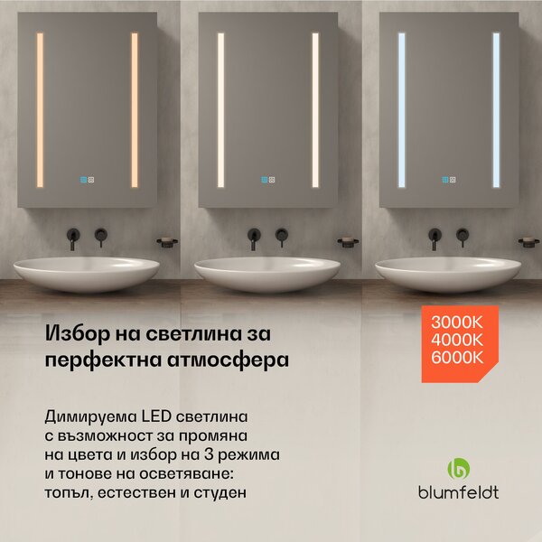 Blumfeldt ClearGlow огледален шкаф за баня, 3 цвята светлина, докосване, възможност за димиране