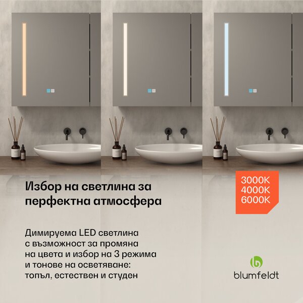 Blumfeldt ClearGlow огледален шкаф за баня, 3 цвята светлина, докосване, възможност за димиране