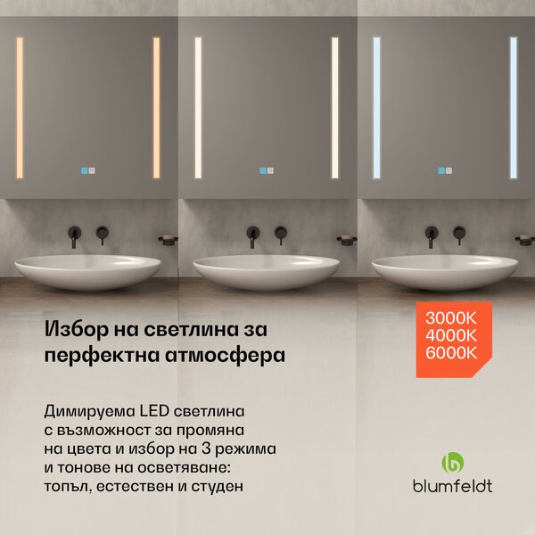 Blumfeldt ClearGlow огледален шкаф за баня, 3 цвята светлина, докосване, възможност за димиране