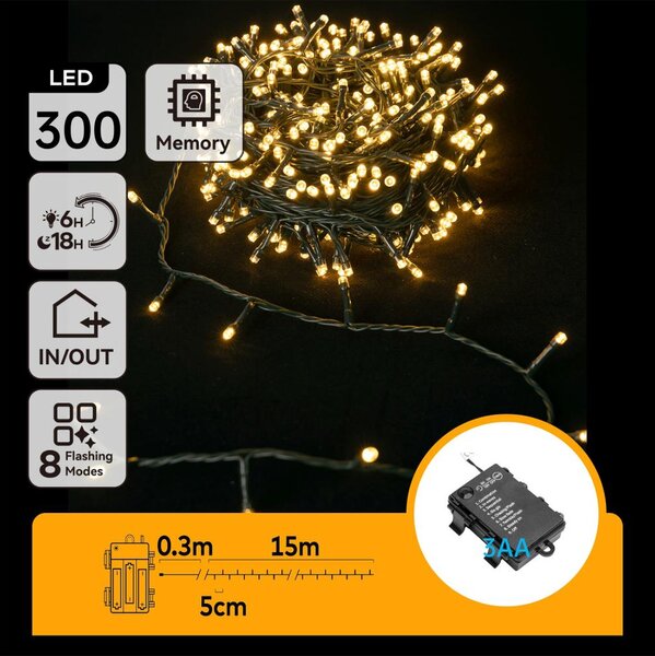 Aigostar-LED Външен гирлянд 300xLED/8 режима 3xAA 15,3m IP44 топла бяла