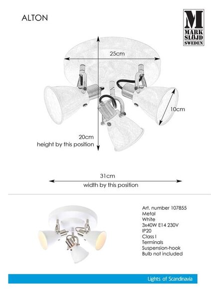 Бяло таванно осветително тяло Таван 3L Alton - Markslöjd