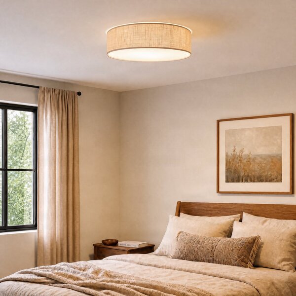 Milagro Lighting Таванна лампа „Маршал“, кафява, Ø 50 см, метал, ратан, Затъмняване, Кафяв / ръждив, Дневна/трапезария, Дървесина, Модерен