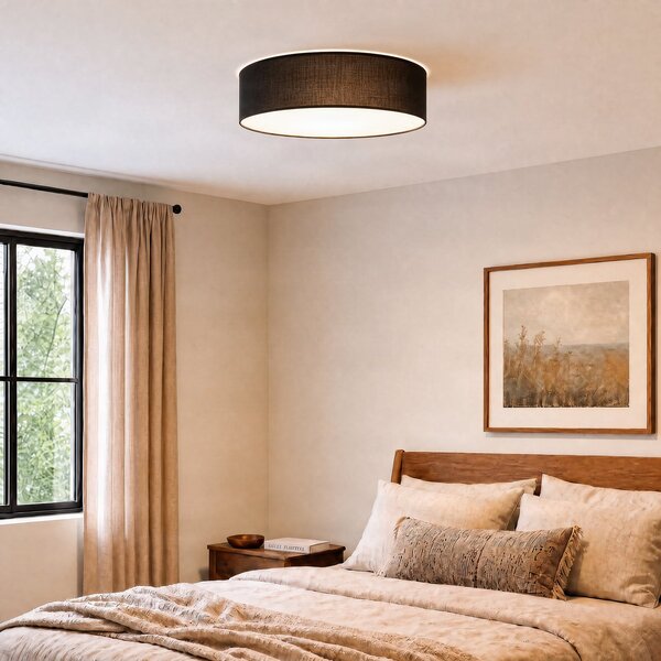 Milagro Lighting Таванна лампа „Маршал“, черна, Ø 50 см, метал/ратан, Затъмняване, Черен, Дневна/трапезария, Дървесина, Модерен